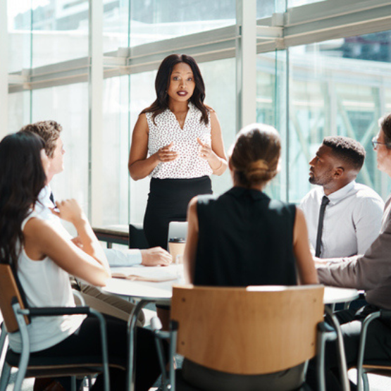 Person giving business presentation to group